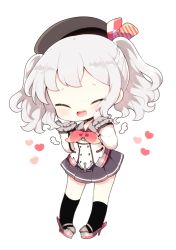Rule 34 | 10s, 1girl, ^ ^, bad id, bad pixiv id, beret, black socks, blush, buttons, chibi, closed eyes, closed eyes, frilled sleeves, frills, full body, gloves, hands on own cheeks, hands on own face, hat, heart, jacket, kantai collection, kashima (kancolle), kerchief, kyou (nekoneko), long hair, long sleeves, military, military uniform, mini wings, miniskirt, open mouth, pleated skirt, shoes, sidelocks, silver hair, simple background, skirt, smile, socks, solo, twintails, uniform, wavy hair, white background, white gloves, wings