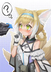 Rule 34 | 1girl, ?, absurdres, animal ear fluff, animal ears, arknights, bare shoulders, belt pouch, blonde hair, blue hairband, blush, condom, fox ears, fox girl, fox tail, gloves, hair rings, hairband, highres, holding, holding condom, infection monitor (arknights), kitsune, kyuubi, multicolored hair, multiple tails, orange eyes, polka dot, polka dot background, pouch, single glove, suye, suzuran (arknights), sweat, tail, white hair