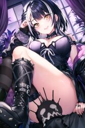 Rule 34 | 1girl, :d, absurdres, black footwear, black hair, black jacket, black nails, boots, breasts, choker, cleavage, curtains, hair ornament, highres, hololive, hololive english, jacket, jewelry, large breasts, looking at viewer, multicolored hair, off shoulder, open mouth, ring, shiori novella, shiori novella (1st costume), single thighhigh, sitting, smile, solo, spikes, streaked hair, sugiki, thighhighs, thighs, two-tone hair, virtual youtuber, window, yellow eyes, yorick (shiori novella)