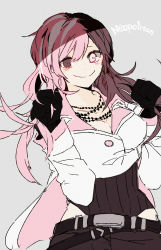 Rule 34 | belt, black gloves, breasts, brown eyes, brown hair, capelet, character name, cleavage, dutch angle, esu (transc), gloves, heterochromia, long hair, medium breasts, multicolored hair, multiple necklaces, neo politan, pink eyes, pink hair, playing with own hair, rwby, sketch, smile, split-color hair