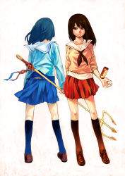 Rule 34 | 2girls, blue hair, brown hair, contrapposto, fujie yamato, full body, highres, multiple girls, pleated skirt, polearm, red eyes, school uniform, skirt, standing, trident, weapon, wind