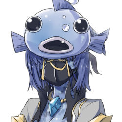 Rule 34 | 1girl, blindfold, blue skin, coat, colored skin, commentary request, fish, fish hat, gem, grey coat, jewelry, looking at viewer, mask, mouth mask, natsuya (kuttuki), necklace, ninja mask, open mouth, ragnarok online, short hair, simple background, solo, upper body, warlock (ragnarok online), white background