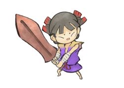 Rule 34 | 1girl, bandages, barefoot, black hair, capcom, child, female focus, japanese clothes, kuninushi, official art, onimusha soul, ookami (game), ookamiden, simple background, solo, sword, weapon, white background, wooden sword