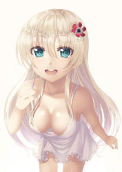 Rule 34 | 1girl, :d, arm at side, beige background, blue eyes, breasts, cleavage, collarbone, cowboy shot, downblouse, dress, flower, foreshortening, gradient background, hair between eyes, hair flower, hair ornament, hand on own chest, highres, light brown hair, long hair, medium breasts, no bra, open mouth, original, sidelocks, simple background, smile, solo, sundress, tsukimizu (ordeal), white dress