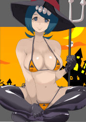 Rule 34 | 1girl, arched back, blue hair, blush, breasts, cleft of venus, cloud, collarbone, covered erect nipples, creatures (company), freckles, game freak, gold hairband, hair tie, hairband, halloween, highres, lana&#039;s mother (pokemon), large breasts, long hair, looking at viewer, makoto daikichi, mature female, navel, nintendo, open mouth, pokemon, pokemon (anime), pokemon sm (anime), short hair, sitting