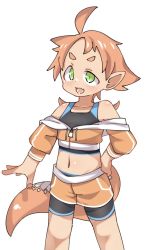 Rule 34 | 1girl, ahoge, bare shoulders, bike shorts, black shorts, borrowed character, brown shorts, collarbone, commentary request, crop top, drawstring, green eyes, hand on own hip, jacket, long hair, long sleeves, looking at viewer, lyanon, midriff, navel, off shoulder, orange hair, orange jacket, original, pointy ears, puffy long sleeves, puffy sleeves, short eyebrows, short shorts, shorts, shorts under shorts, simple background, solo, sports bra, tail, thick eyebrows, white background