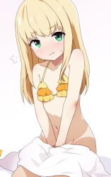 1girl bare_arms bare_shoulders baselard bikini bikini_top_only blonde_hair blush breasts closed_mouth collarbone covering_crotch covering_privates cowboy_shot embarrassed frame_arms_girl furrowed_brow gradient_background green_eyes hands_between_legs ko_pot-au-feu long_hair looking_at_viewer navel orange_bikini pout simple_background sitting small_breasts solo straight_hair string_bikini sweatdrop swimsuit towel two-tone_bikini wavy_mouth white_background yellow_bikini