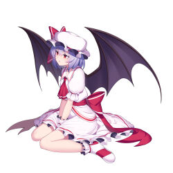 Rule 34 | 1girl, ascot, bat wings, bow, cibo (killy), dress, hat, hat bow, highres, mob cap, purple hair, red ascot, red bow, red eyes, remilia scarlet, shoes, short sleeves, simple background, solo, touhou, v arms, waist bow, white background, white dress, white hat, wings, wrist cuffs