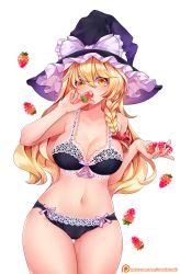 Rule 34 | 1girl, absurdres, bikini, black bikini, blonde hair, bow, bra, braid, breasts, food, fruit, hair bow, hat, hat bow, highres, kirisame marisa, lace, lace-trimmed bra, lace-trimmed panties, lace trim, long hair, medium breasts, navel, panties, red bow, sumisumii, swimsuit, thick thighs, thighs, touhou, underwear, white bow, witch hat, yellow eyes
