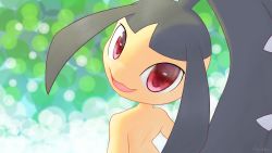 Rule 34 | :d, commentary, creatures (company), english commentary, game freak, gen 3 pokemon, highres, looking at viewer, looking back, mawaifu, mawile, nintendo, open mouth, pokemon, pokemon (creature), red eyes, smile, solo, tongue, upper body
