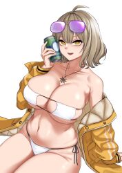 Rule 34 | 1girl, :d, ahoge, anis (nikke), anis (sparkling summer) (nikke), arm support, bare shoulders, bikini, breasts, can, cleavage, eyepatch bikini, eyewear on head, fujita ichi, goddess of victory: nikke, highres, holding, holding can, jacket, jewelry, large breasts, light brown hair, navel, necklace, off-shoulder jacket, off shoulder, official alternate costume, open mouth, pink-tinted eyewear, short hair, side-tie bikini bottom, simple background, sitting, smile, solo, string bikini, sunglasses, swimsuit, tinted eyewear, white background, white bikini, yellow eyes, yellow jacket