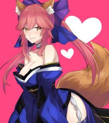Rule 34 | 10s, 1girl, animal ears, bare shoulders, black thighhighs, blush, bow, breasts, choker, cleavage, detached sleeves, fate/extra, fate (series), fox ears, fox tail, hair bow, heart, heart-shaped pupils, japanese clothes, kan&#039;yu (citron 82), large breasts, leaning forward, looking at viewer, obi, pink background, pink hair, ponytail, sash, side slit, simple background, smile, solo, symbol-shaped pupils, tail, tamamo no mae (fate/extra), thighhighs, wide sleeves, yellow eyes
