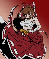 Rule 34 | 1girl, arm wrap, blush, bow, breasts, brown hair, chest sarashi, cleavage, closed mouth, commentary request, cookie (touhou), feet out of frame, frilled hair tubes, frills, hair bow, hair tubes, hakurei reimu, jijii (nicoseiga91467756), kanna (cookie), large breasts, long hair, looking at viewer, red background, red bow, red eyes, red skirt, sarashi, skirt, smile, solo, touhou