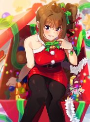 Rule 34 | 1girl, ahoge, bell, belt, black belt, black pantyhose, blurry, blurry background, blush, bow, bowtie, brown hair, christmas, christmas lights, commentary, depth of field, dress, drill hair, fur collar, garland (decoration), gift, green bow, green ribbon, grin, hair ornament, hair ribbon, halterneck, holly, holly hair ornament, idolmaster, idolmaster million live!, kamille (vcx68), looking at viewer, medium hair, neck bell, pantyhose, pencil dress, purple eyes, red dress, ribbon, santa dress, short dress, side drill, side ponytail, sitting, smile, solo, yokoyama nao