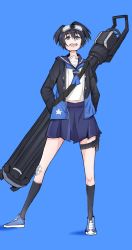 Rule 34 | 1girl, absurdres, asutoia, bandages, black hair, black rock shooter, blue background, blue eyes, cannon, goggles, goggles on head, gun, highres, jacket, knees, kuroi mato, neck, neckerchief, school uniform, shoes, skirt, smile, smiley face, socks, twintails, weapon