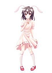 Rule 34 | 1girl, animal ears, brown hair, full body, highres, inaba tewi, jewelry, mary janes, pendant, pigeon-toed, rabbit ears, red eyes, reimei (r758120518), shoes, solo, tachi-e, touhou, transparent background, white background