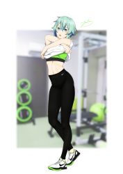 Rule 34 | 1girl, absurdres, black pants, blue eyes, blue hair, blurry, blurry background, bra, clothes lift, full body, green bra, hair ornament, hairclip, highres, lifting own clothes, looking at viewer, midriff, navel, nike (company), open mouth, pants, shirt, shirt lift, shoes, short hair, sinon, skin tight, sneakers, solo, sports bra, stomach, sword art online, t-shirt, underwear, white shirt, yaato (yamato99725444), yoga pants