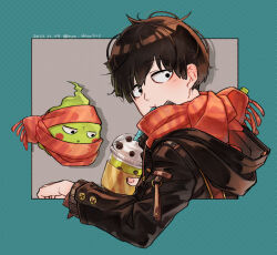 Rule 34 | 2boys, artist name, aya shiro423, black eyes, black hair, cropped torso, cup, dated, disposable cup, drinking, ekubo (mob psycho 100), holding, holding cup, hood, hood down, kageyama shigeo, long sleeves, male focus, mob psycho 100, multiple boys, red scarf, scarf, simple background, spirit, two-tone background, upper body