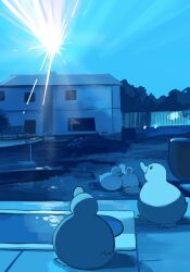 Rule 34 | ^ ^, animal focus, bird, blue theme, closed eyes, commentary, derivative work, diva (hyxpk), duck, english commentary, fence, highres, house, looking up, meteor, no humans, original, outdoors, photo-referenced, sky