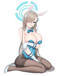 Rule 34 | 1girl, absurdres, animal ears, arm under breasts, asuna (blue archive), asuna (bunny) (blue archive), asymmetrical bangs, bare shoulders, between legs, blue archive, blue bow, blue bowtie, blue eyes, blue leotard, bow, bowtie, breast lift, breasts, cleavage, detached collar, elbow gloves, fake animal ears, full body, gloves, hair over one eye, halo, hand between legs, high heels, highleg, highleg leotard, highres, holding chest, large breasts, legs, leotard, light brown hair, long hair, looking at viewer, mole, mole on breast, official alternate costume, pantyhose, parted lips, playboy bunny, rabbit ears, ralac, simple background, sitting, smile, solo, strapless, strapless leotard, thighband pantyhose, thighs, traditional bowtie, very long hair, wariza, white background, white footwear, white gloves