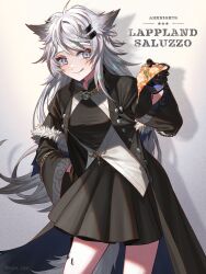 Rule 34 | 1girl, :q, animal ears, arknights, black coat, black dress, black gloves, blue eyes, blush, closed mouth, coat, dress, food, gloves, grey hair, hand on own hip, highres, holding, holding food, jewelry, lappland (arknights), lappland (refined horrormare) (arknights), long hair, long sleeves, looking at viewer, material growth, necklace, official alternate costume, open clothes, open coat, oripathy lesion (arknights), pizza, pizza slice, scar, scar on face, smile, solo, tail, tanagawa makoto, tongue, tongue out, twitter username, very long hair, wolf ears, wolf girl, wolf tail