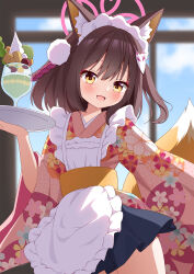 Rule 34 | 1girl, alternate costume, animal ear fluff, animal ears, apron, azel (laevateinn495), black skirt, blue archive, blurry, blurry background, blush, brown hair, cowboy shot, enmaided, fang, floral print, food, fox ears, fox tail, frilled apron, frills, hair between eyes, halo, highres, holding, holding tray, izuna (blue archive), japanese clothes, kimono, long sleeves, looking at viewer, maid, maid headdress, open mouth, parfait, pink halo, pink kimono, pleated skirt, print kimono, short hair, skin fang, skirt, smile, solo, tail, tray, wa maid, white apron, wide sleeves, yellow eyes