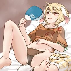 Rule 34 | 1girl, afterimage, animal ears, barefoot, black panties, blonde hair, bra strap, clothes pull, crotch seam, fanning, fanning face, fanning self, floppy ears, furrowed brow, hair between eyes, hand fan, hand on own stomach, hand rest, highres, hot, knee up, looking up, lying, motion lines, navel, no pants, on back, open mouth, orange shirt, panties, rabbit ears, rabbit girl, rabbit tail, red eyes, ringo (touhou), shirt, short hair, short sleeves, shorts, shorts around one leg, shorts pull, soles, solo, spread legs, stomach, sweat, tail, three quarter view, toes, touhou, underwear, yudepii