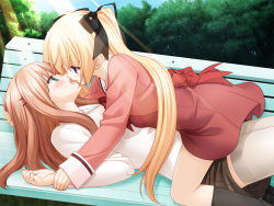 Rule 34 | 2girls, age difference, bench, blonde hair, blue eyes, blush, brown hair, eye contact, female focus, game cg, girl on top, green eyes, hair ornament, hair ribbon, hairclip, hand on another&#039;s head, happy, holding another&#039;s wrist, houraisen runa, imminent kiss, kani biimu, kiss, long hair, looking at another, lying, multiple girls, on back, onee-loli, open mouth, ribbon, shy, smile, sono hanabira ni kuchizuke wo, suminoe takako, sunlight, teacher and student, tree, twintails, yuri