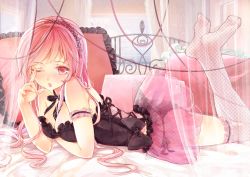 Rule 34 | 1girl, ass, fishnet thighhighs, fishnets, frilled thighhighs, frills, from side, legs up, long hair, lying, megurine luka, on stomach, one eye closed, pajamas, pink eyes, pink hair, skirt, solo, thighhighs, tsukimiya kamiko, underwear, vocaloid