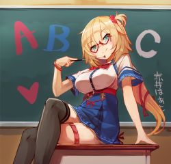 Rule 34 | 1girl, akai haato, akai haato (1st costume), bespectacled, black thighhighs, blonde hair, blue eyes, blush, bracelet, breasts, chalkboard, commentary request, crossed legs, glasses, highres, hololive, jewelry, large breasts, long hair, one side up, pointer, red-framed eyewear, semi-rimless eyewear, sitting, smile, solo, sue (bg-bros), thigh strap, thighhighs, translation request, under-rim eyewear, virtual youtuber