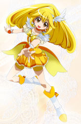 Rule 34 | 10s, 1girl, bike shorts, bike shorts under skirt, blonde hair, boots, bow, bowtie, brooch, brown eyes, choker, cure peace, dress, earrings, full body, hair flaps, jewelry, kise yayoi, long hair, magical girl, monchuchu, precure, shorts, shorts under skirt, skirt, smile, smile precure!, solo, white background, wrist cuffs, yellow bow, yellow dress, yellow shorts, yellow skirt, yellow theme
