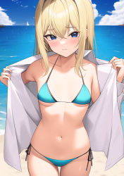 Rule 34 | 1girl, absurdres, ai-assisted, bare shoulders, bikini, black ribbon, blonde hair, blue bikini, blue eyes, breasts, closed mouth, cowboy shot, day, highres, horizon, long hair, long sleeves, looking at viewer, navel, ocean, official alternate costume, open clothes, open shirt, original, outdoors, ribbon, senx, shirt, side-tie bikini bottom, small breasts, solo, stomach, swimsuit, thigh strap, undressing, water, white shirt