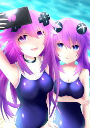 Rule 34 | absurdres, adult neptune, armpits, arms up, bare shoulders, blue eyes, braid, breasts, choker, cleavage, crossed arms, gadget device, hair ornament, hairclip, happy, highres, large breasts, long hair, mega miracle force, meium breasts, neptune (neptunia), neptune (series), nix filia, open mouth, pool, purple eyes, purple hair, purple heart (neptunia), selfie, swimsuit, very long hair, water, wet, wet clothes, wet hair, wet swimsuit, yuki
