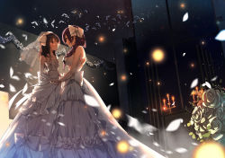 Rule 34 | 10s, 2girls, alternate costume, bare shoulders, bird, blush, bouquet, bow, braid, breasts, brown hair, candle, candlestand, dress, eye contact, fire, flat chest, flower, from side, gloves, hair bow, hair over shoulder, holding hands, large breasts, light particles, long hair, looking at another, love live!, love live! school idol project, motion blur, multiple girls, petals, profile, red eyes, rose, see-through, shironboako, single braid, standing, tojo nozomi, veil, wedding, wedding dress, white bow, white dress, white flower, white gloves, white rose, wife and wife, yazawa nico, yuri