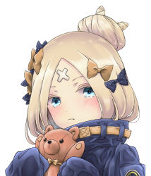 Rule 34 | 1girl, :t, abigail williams (fate), abigail williams (traveling outfit) (fate), bad id, bad pixiv id, black bow, black jacket, blonde hair, blue eyes, blush, bow, closed mouth, commentary request, crossed bandaids, fate/grand order, fate (series), hair bow, hair bun, hands up, head tilt, heroic spirit traveling outfit, holding, holding stuffed toy, jacket, long hair, long sleeves, looking at viewer, official alternate costume, okada shou, orange bow, parted bangs, polka dot, polka dot bow, pout, simple background, single hair bun, sleeves past fingers, sleeves past wrists, solo, stuffed animal, stuffed toy, teddy bear, white background