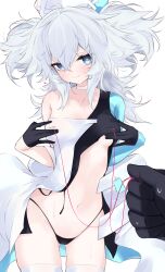 Rule 34 | 1girl, 1other, absurdres, black gloves, black panties, blue eyes, blush, breasts, choker, clothes lift, commentary request, cowboy shot, dress, dress lift, florence (neural cloud), girls&#039; frontline, girls&#039; frontline neural cloud, gloves, hair between eyes, half gloves, hands on own breasts, hands on own chest, hands up, hat, head tilt, heart, heart-shaped pupils, highleg, highleg panties, highres, hip focus, holding, holding leash, leaning forward, leash, lifted by self, long hair, looking at viewer, messy hair, navel, nipple leash, no bra, nurse cap, ohichi16, pa-15 (girls&#039; frontline), panties, pov, single bare shoulder, small breasts, smile, solo focus, symbol-shaped pupils, thigh gap, underboob, underwear, very long hair, white choker, white hair