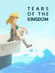 Rule 34 | 1boy, archaic set (zelda), arm on knee, blonde hair, blue background, blue eyes, blue sky, brown footwear, closed mouth, copyright name, day, english text, floating island, from side, full body, highres, knee up, link, male focus, medium hair, nintendo, outdoors, pointy ears, profile, prosthesis, sandals, sidelocks, single bare shoulder, sitting, sky, solo, the legend of zelda, the legend of zelda: tears of the kingdom, toga, ukata