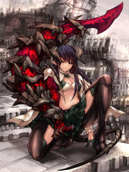 Rule 34 | 1girl, breasts, building, cleavage, gloves, gradient hair, green gloves, green skirt, high heels, highres, horns, long hair, masayoshi, monster girl, multicolored hair, navel, original, pointy ears, purple hair, ruins, scales, skirt, smile, solo, tail, thighhighs