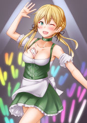Rule 34 | 1girl, anchor hair ornament, anti (untea9), apron, barmaid, between breasts, blonde hair, breasts, brown background, choker, cross, dirndl, dress, frills, german clothes, gradient background, green choker, green dress, green eyes, hair between eyes, hair ornament, highres, kantai collection, lights, long hair, low twintails, non-web source, one eye closed, prinz eugen (kancolle), solo, twintails, underbust