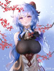 Rule 34 | 1girl, :o, artist name, autumn leaves, bare shoulders, bell, blue hair, bodystocking, breasts, cowbell, curled horns, detached sleeves, flower, ganyu (genshin impact), genshin impact, goat horns, head tilt, highres, horns, large breasts, light blue hair, long hair, looking at viewer, open mouth, purple eyes, qiuci, snowing, solo, standing, vision (genshin impact), wavy hair