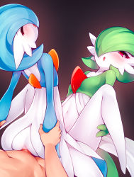 Rule 34 | 1girl, 2boys, alternate color, anal, ass, bisexual male, blue hair, blush, closed eyes, colored skin, creatures (company), game freak, gardevoir, gen 3 pokemon, green hair, group sex, hair over one eye, highres, holding another&#039;s wrist, mmf threesome, multiple boys, navel, nintendo, no feet, open mouth, penis, pokemon, pokemon (creature), pokephilia, red eyes, ricegnat, sex, shiny and normal, shiny pokemon, short hair, spread legs, threesome, trap, uncensored, white skin