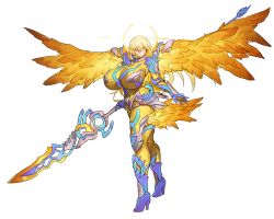 Rule 34 | 1girl, angel wings, aqua eyes, blonde hair, blue eyes, bodysuit, boots, breasts, closed mouth, feathers, feet, female focus, full body, game cg, gauntlets, halo, holding, holding sword, holding weapon, huge breasts, legs, legs apart, long hair, looking at viewer, melon22, original, solo, standing, sword, thighs, transparent background, weapon, wings, yellow bodysuit