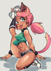 Rule 34 | 1girl, :3, animal ears, arm support, blush, breasts, cat ears, cat girl, cat tail, colored skin, curvy, dark-skinned female, dark skin, fingernails, flexible, full body, furry, furry female, green eyes, gym uniform, highres, kevin ku, kneeling, large breasts, leg lift, leg up, looking at viewer, low twintails, navel, nikki (kevin ku), original, shiny skin, short hair, short shorts, shorts, simple background, smile, solo, tail, twintails, wide hips