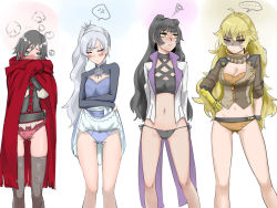 Rule 34 | ..., 4girls, anger vein, angry, annoyed, black panties, blake belladonna, blue panties, blush, breasts, cleavage, closed eyes, clothes lift, embarrassed, highres, lifted by self, looking away, multiple girls, navel, panties, ponytail, print panties, red panties, ruby rose, rwby, shaded face, shure (rainround), skirt, skirt lift, thighhighs, thought bubble, underwear, wavy mouth, weiss schnee, yang xiao long, yellow panties