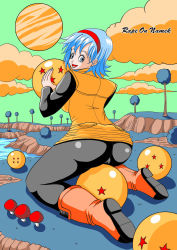 Rule 34 | 1girl, ass, black pants, black sleeves, blue eyes, blue grass, blue hair, blue tree, boots, bulma, cameltoe, cloud, copyright name, dragon ball, dragon ball (object), earrings, english text, female focus, from behind, full body, green sky, highres, jewelry, kneeling, looking at viewer, looking back, matching hair/eyes, moon, mushroom, namek, on grass, on ground, outdoors, pants, pyramid house, short hair, sky, smile, solo, stud earrings, tree