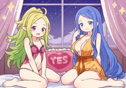 Rule 34 | 2girls, ahoge, babydoll, barefoot, blue eyes, blue hair, blush, breasts, commission, curtains, fire emblem, fire emblem awakening, fire emblem engage, green hair, highres, indoors, large breasts, long hair, looking at viewer, lumera (fire emblem), multiple girls, navel, nightgown, nintendo, nowi (fire emblem), on bed, onyhakase, open mouth, panties, pointy ears, purple eyes, second-party source, sitting, skeb commission, small breasts, smile, underwear, very long hair, wariza, window, yes-no pillow