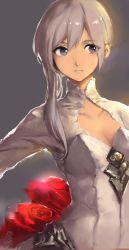 Rule 34 | 1girl, absurdres, cleavage cutout, clothing cutout, collarbone, faux traditional media, flower, frown, highres, hoojiro, long hair, looking to the side, rose, signature, grey eyes, silver hair, simple background, sinoalice, sketch, snow white (sinoalice), solo, upper body