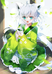 Rule 34 | 1girl, absurdres, ahoge, animal ears, blue eyes, braid, cup, falling leaves, fox ears, fox girl, fox tail, frilled kimono, frills, full body, green kimono, green tea, grey background, highres, holding, holding cup, hololive, japanese clothes, kimono, leaf, long hair, looking at viewer, obi, open mouth, sash, seiza, shigureszku, shirakami fubuki, simple background, sitting, smile, solo, tail, tea, thighhighs, virtual youtuber, white hair, white thighhighs, wide sleeves, wooden floor