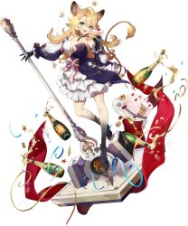 Rule 34 | 1girl, :d, ahoge, aira (eversoul), alcohol, animal ears, bare legs, bare shoulders, black footwear, blonde hair, bow, breasts, cake, cake slice, champagne, champagne flute, claws, cleavage, collarbone, cup, detached sleeves, dress, drinking glass, eating, eversoul, fang, food, frilled dress, frills, full body, game cg, green eyes, hair between eyes, hammer, highres, holding, holding cake, holding food, holding hammer, holding weapon, jewelry, large breasts, lion ears, lion girl, lion tail, long hair, long sleeves, looking at viewer, necklace, non-web source, official alternate costume, official alternate hairstyle, official art, open mouth, pink bow, puffy long sleeves, puffy sleeves, red carpet, smile, solo, standing, standing on object, standing on one leg, star (symbol), streamers, swept bangs, tachi-e, tail, transparent background, two-tone dress, war hammer, weapon, white dress