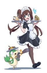 1girl absurdres apron black_dress black_shoes brown_hair character-themed_food commentary creatures_(company) double_bun dress dugtrio food food_on_face full_body game_freak gen_1_pokemon gen_5_pokemon gen_7_pokemon green_eyes grimmelsdathird hair_bun highres holding holding_tray long_hair looking_at_another maid maid_apron maid_headdress mimikyu nintendo open_mouth pantyhose pikachu pokemon pokemon_(creature) pokemon_bw2 rosa_(pokemon) sandwich shoes snivy surprised symbol-only_commentary tray twintails white_background